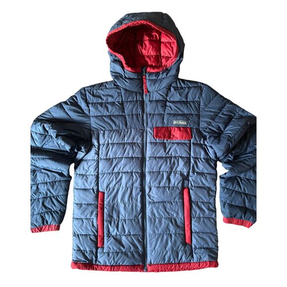 Columbia Men’s Lightweight Puffer Jacket Size M | Navy Red Hooded Insulated Coat - Picture 4 of 12